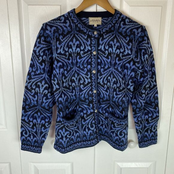 Intiwara M‎ 100% Alpaca Sweater Cardigan Vintage Abstract Tapestry Silver button - Picture 1 of 5